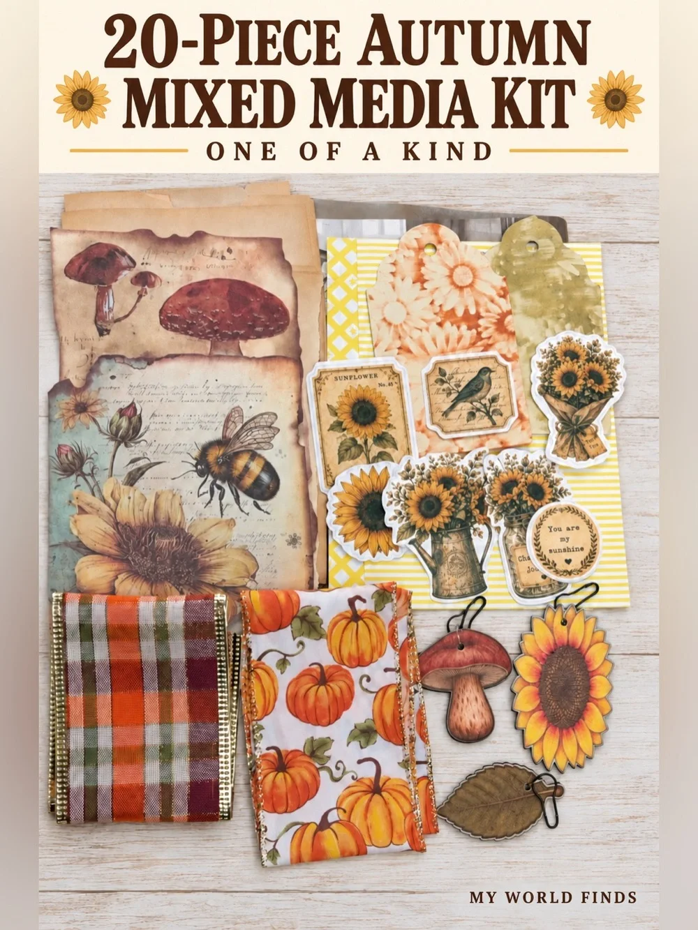 20pc Autumn Sunflower Mixed Media Kit Paper Stickers Tags Wood Charms Ribbon